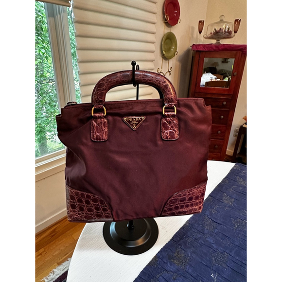 Prada Handbags - Prada Burgundy Medium Tote Bag w/Crocodile Embossed Leather